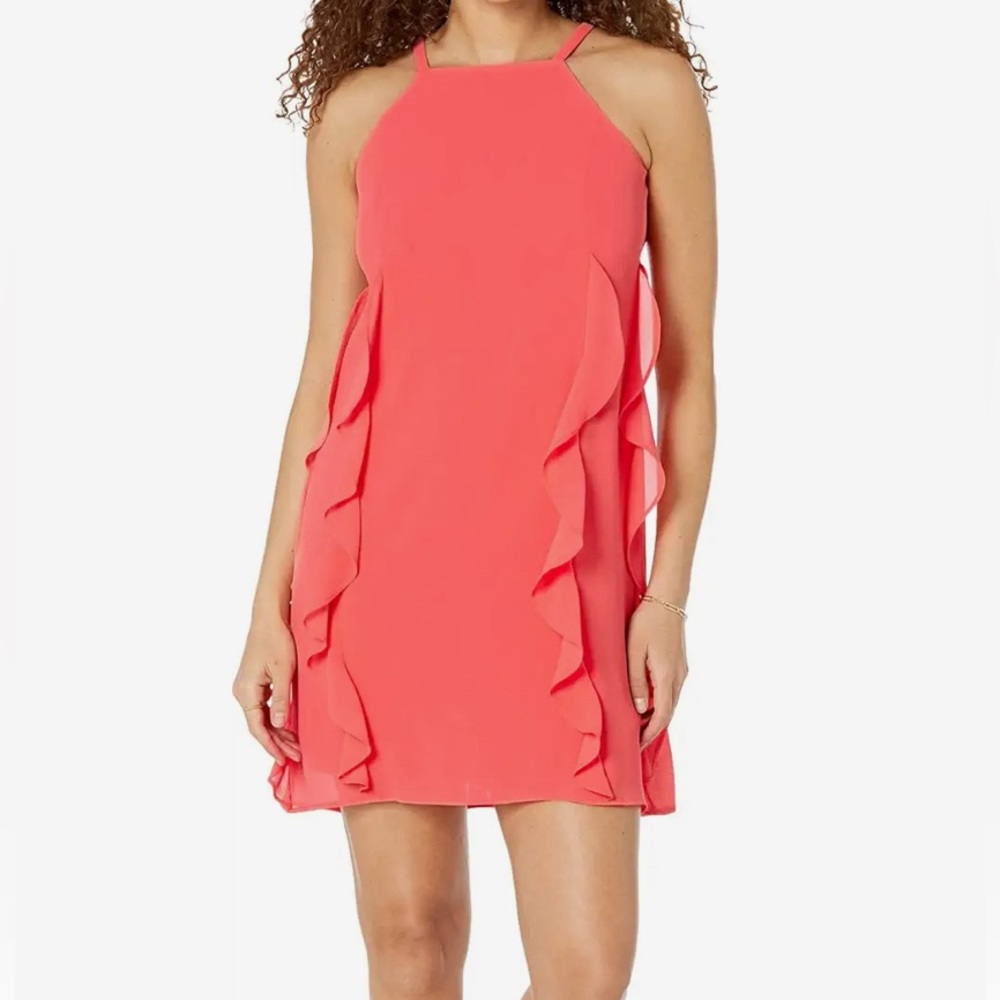 NWOT / Size 10/ Papaya color/ Vince Camuto Halter Dress with Ruffle Seam Detail